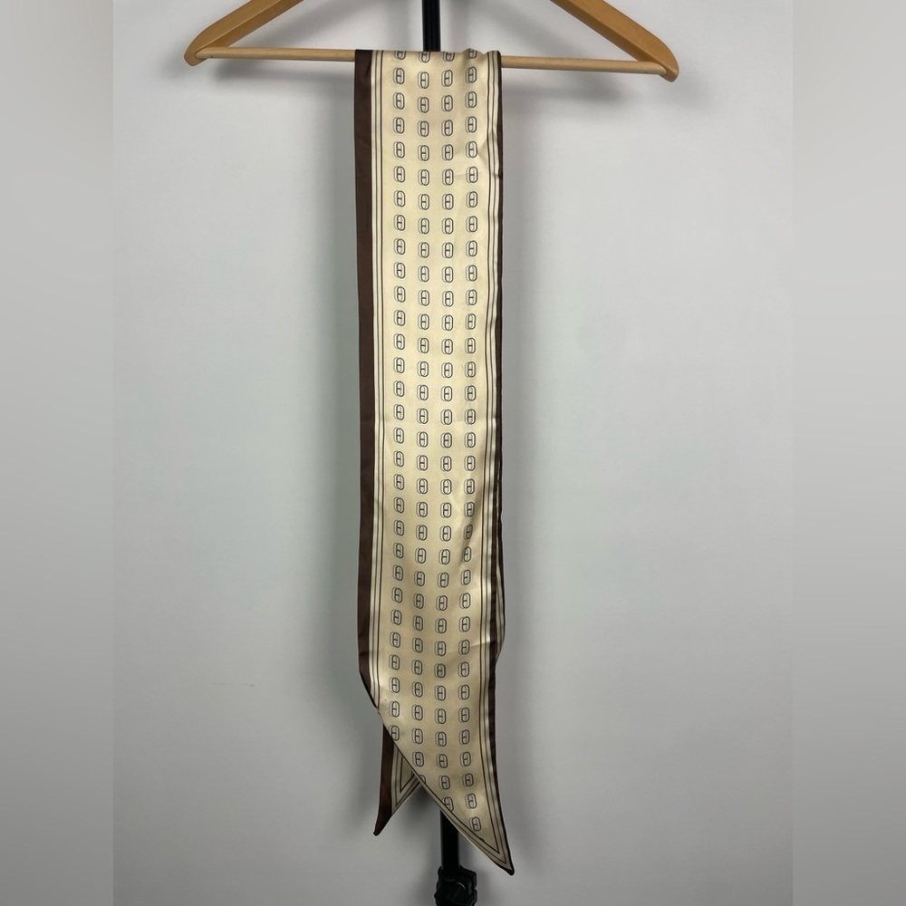 Brown Cream Thin Ribbon Printed Angled‎ Hem Rectangle Scarf